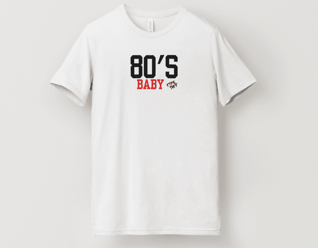 Picture of a chicago illinois company typeshit t-shirt that says 80s baby.